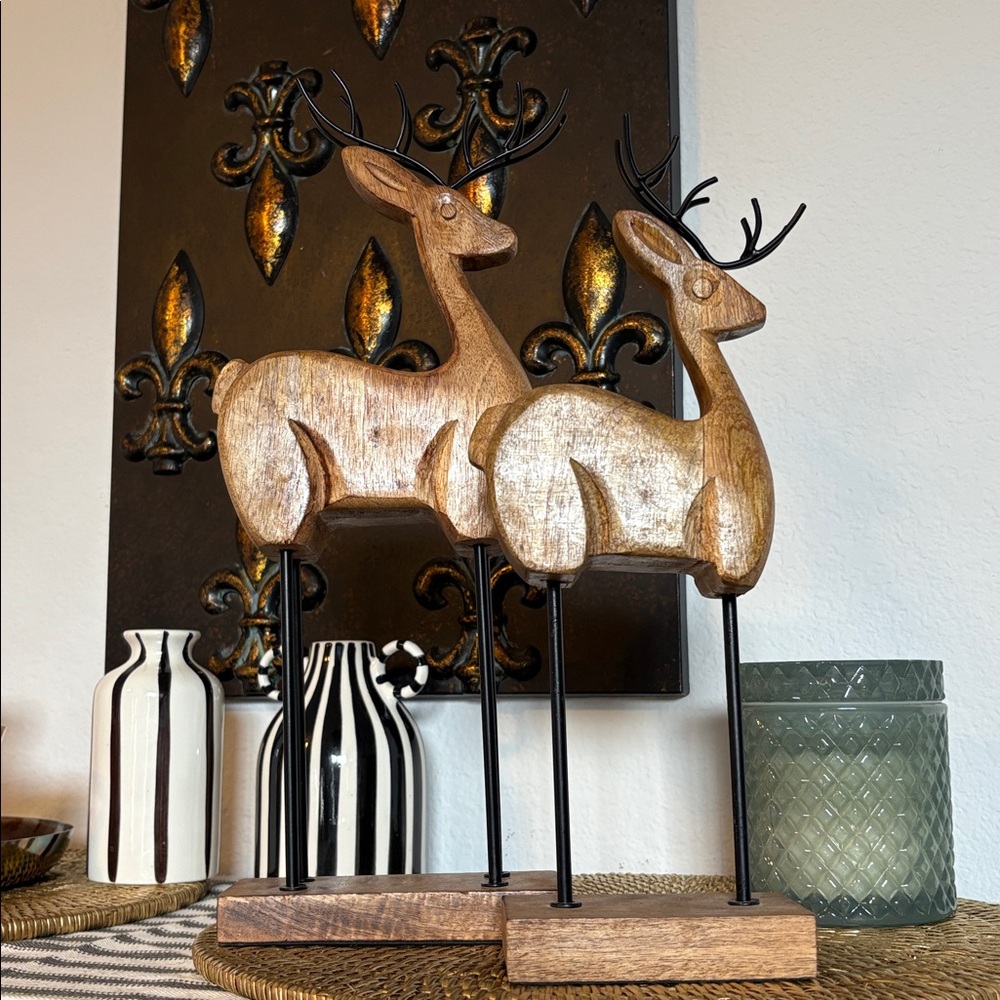 💎RARE💎🆕Unique Rustic Solid Wood And Metal Deer Pair